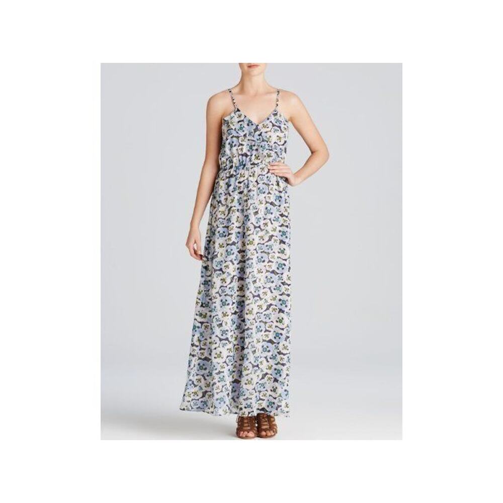 $250 Moon & Meadow Blue Poppies 100% Silk Ruffled Vneck Maxi Dress XS NWT M425